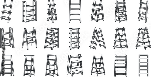 Outline vector collection of various ladder and shelf designs for home organization and interior decoration projects
