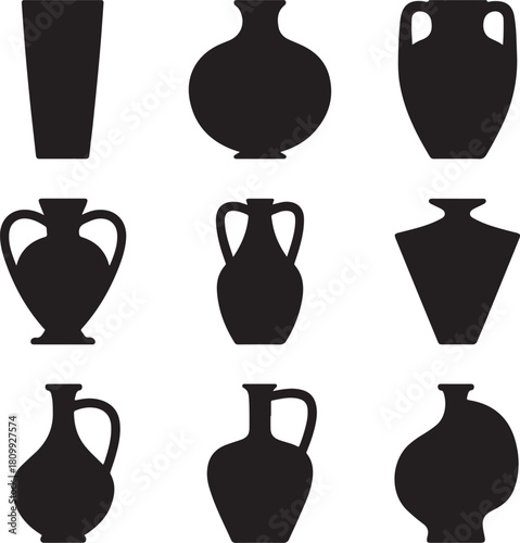 Black and White Silhouette Illustration of Vase Shapes Tall Cylinder Wide Round Narrow Neck Amphora Geometric Cone Jug Minimal Modern Abstract