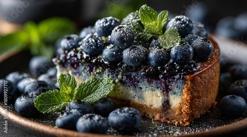Delicious Blueberry Cheesecake With Fresh Berries and Mint on a Dark Background