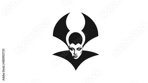 Stylized black and white illustration of a mystical female figure with elegant, dramatic headwear and intense expression, fantasy art.