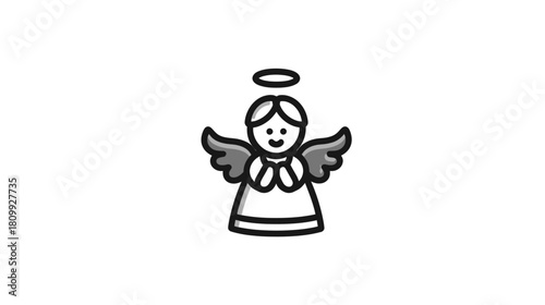 Simple black and white angel icon with halo and wings, a spiritual symbol representing peace, faith, and heavenly guidance.