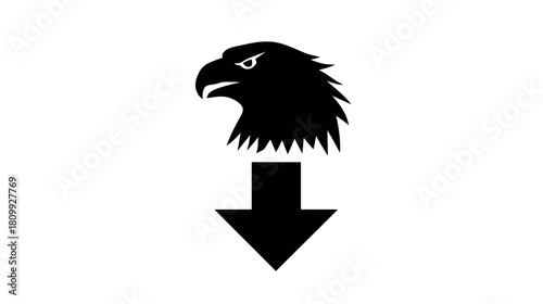 Black eagle head silhouette with a downward arrow icon, representing direction, strength, and power concept vector illustration.