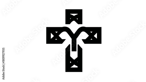 Stylized black cross symbol on white background. Abstract religious spiritual icon design element for faith, hope, and worship concepts.
