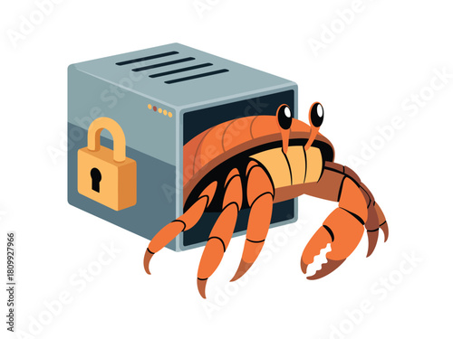 A hermit crab uses a locked computer server case as its protective shell, symbolizing digital security.