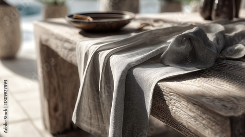 A photograph of a soft, custom-made gray linen tablecloth with a subtle texture suggesting wear and tear. The scene is illuminated by soft, diffused morning light from a window, beautifully highlighti