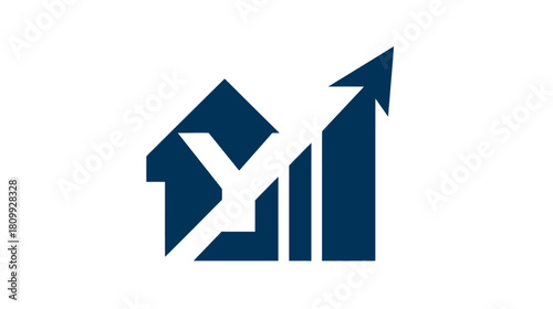 Real Estate Market Growth Icon. House symbol combined with an upward trend graph, representing property investment and home value increase.