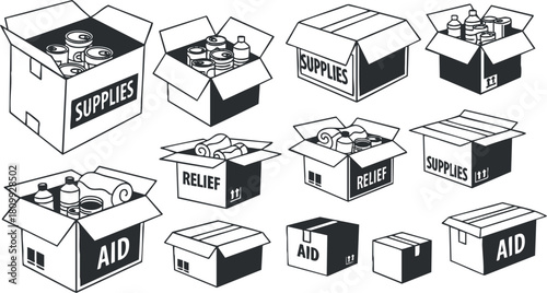 Outline vector illustration of various boxes labeled as supplies and aid for relief efforts and community support