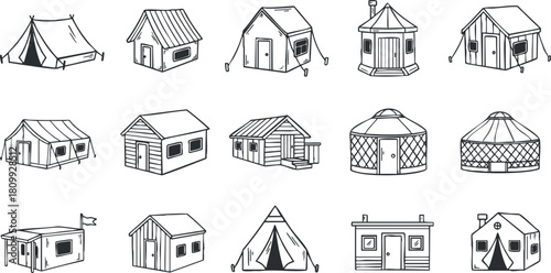 Collection of minimalist black and white vector illustrations featuring various types of tents and camping structures for outdoor adventures