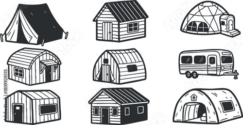 Collection of minimalist black and white vector illustrations featuring various camping shelters and outdoor living structures.