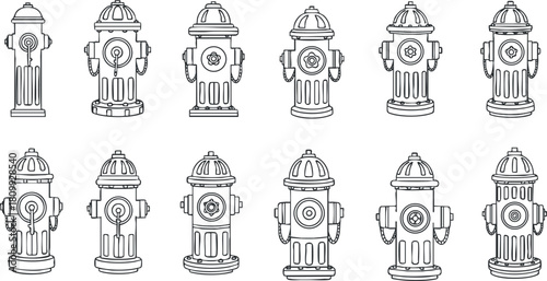 Set of minimalist black and white vector illustrations featuring various designs of fire hydrants for urban safety contexts.