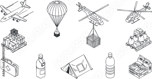 Outline vector icon set featuring various transportation modes and supplies including airplanes, helicopters, and camping gear for logistics and delivery