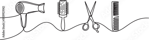 Continuous one line design of hair care equipment. Minimalist style vector. one line Icon drawing with white background