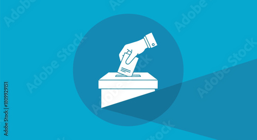 Hand placing ballot in ballot box on blue background with long shadow