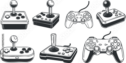 Collection of retro and modern gaming controllers and joysticks in a clean vector style for gaming design projects