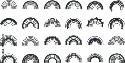 Collection of modern vector illustrations featuring various stylized rainbow arcs for design and branding projects