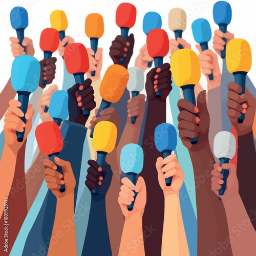 Vsai diverse hands holding microphones for press conference coverage