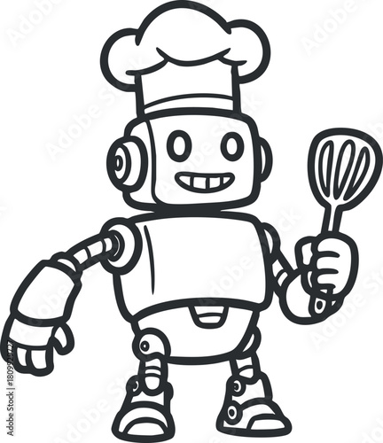 Playful cartoon robot chef illustration featuring a smiling character with a spatula, ideal for culinary and food-themed designs
