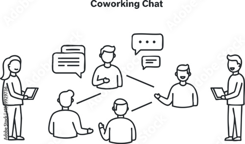 Outline vector illustration depicting a coworking chat scene with diverse individuals engaged in discussion using digital devices