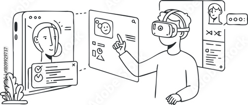 Minimalist line art illustration depicting a user interacting with virtual reality technology and digital interfaces