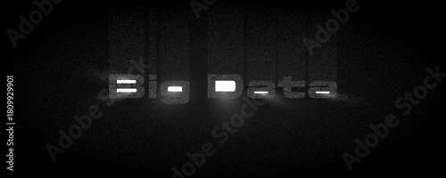 Futuristic big data concept with glowing text, grainy noise particles, and dark atmospheric lighting. A dramatic digital background for technology, AI, analytics, and cyber themes.