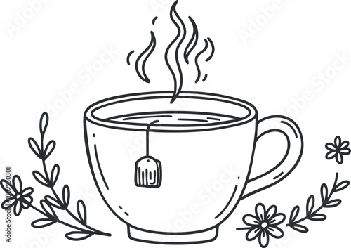 Hand-drawn line art illustration of a steaming cup of tea with a teabag, surrounded by floral elements