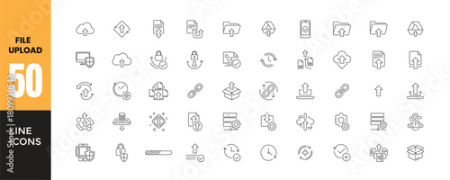 File Upload, Cloud Storage and Download 50 Vector Line Icons Set. Collection of Thin Outline Symbols. Data Transfer, Document Security, Sync, Link, Backup, Folder, and Update. 