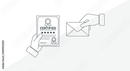 Illustration of a certified document and a hand holding an envelope