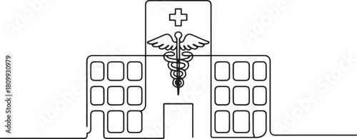 hospital building with caduceus medicine symbol. Modern flat in continuous line style. one line Icon drawing with white background