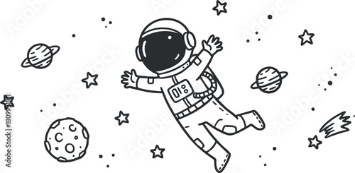 Whimsical black and white vector illustration of an astronaut floating in space with planets and stars for children's design projects