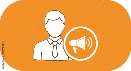 Man with megaphone illustration on orange background with rounded corners