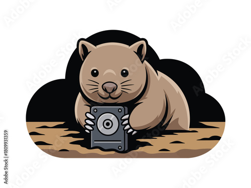 A cute cartoon wombat holding a computer hard drive emerges from a cloud-shaped burrow.