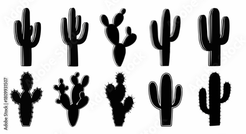 Collection of Diverse Cactus Silhouettes in Black and White.