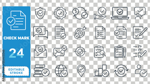 Collection of 24 check mark icons in various business and service contexts with editable stroke checklist related to Check Icons, Checklist Symbols, Approval Marks, Business Icons, Service Checkmarks