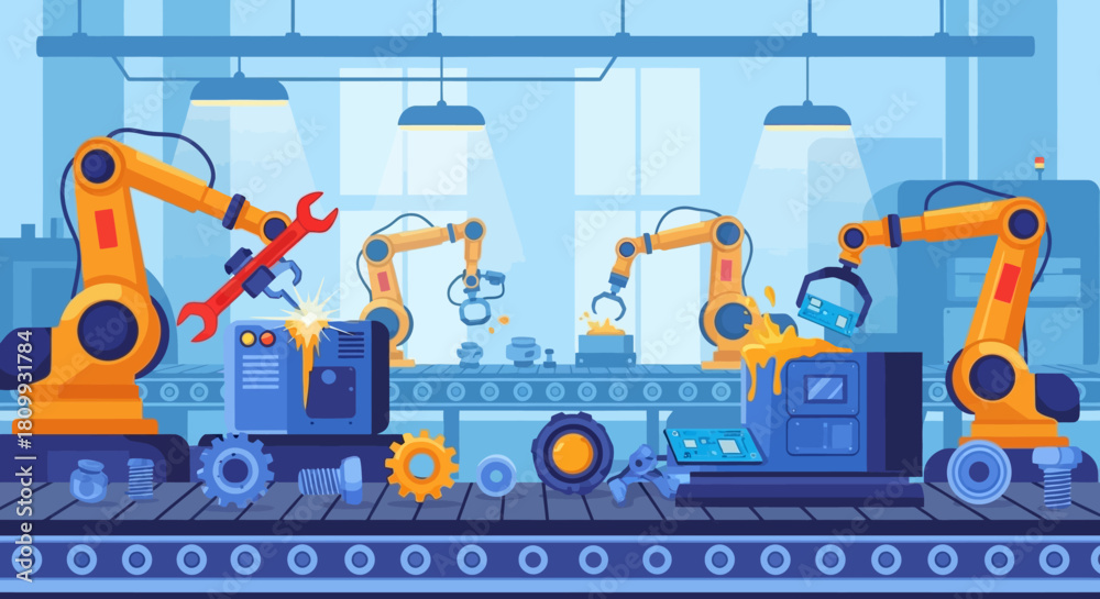 Fototapeta premium Futuristic smart factory production line showcasing industrial automation with robotic arms working on a conveyor belt