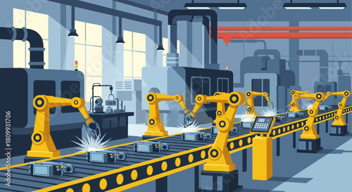 Robotic Assembly Line Automated Industrial Production Illustration