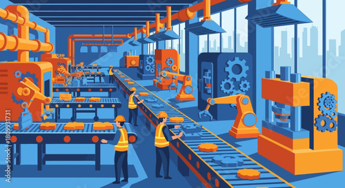 Vibrant Illustration of a Modern Industrial Factory Floor with Automated Machinery, Conveyor Belts, Robotic Arms, and Workers Engaged in the Manufacturing Production Process