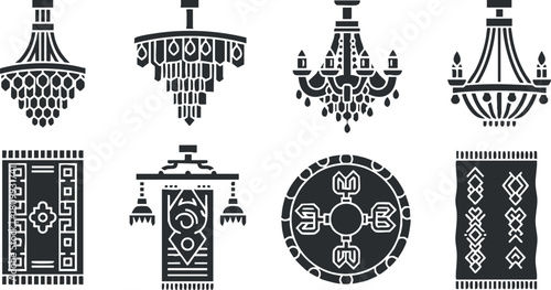 Set of elegant black and white vector illustrations featuring various chandelier designs and decorative rugs for interior design projects