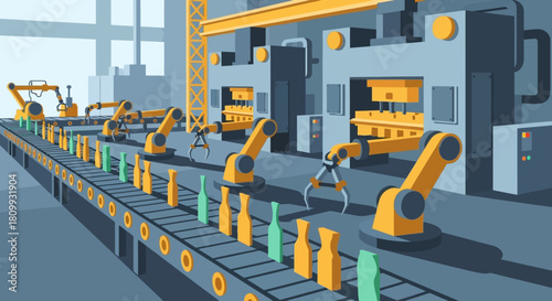 Modern Automated Manufacturing Facility Featuring Robotic Arms Working on a Dynamic Conveyor Belt Production Line, Symbolizing Industrial Efficiency and Technological Advancement