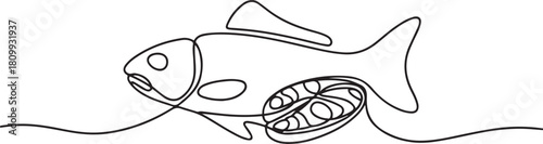 Continuous line design of fish and salmon slice. one line Icon drawing with white background