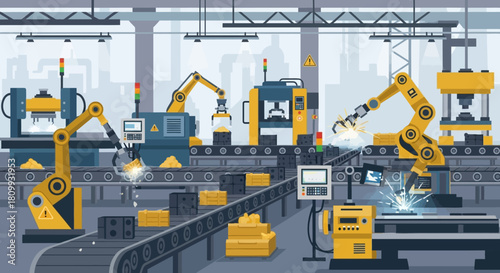 Illustration of a smart factory with an automated production line, featuring industrial robotic arms and conveyor belt systems for modern manufacturing