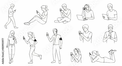 People using smartphones in various poses and activities line art.