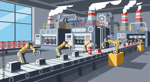 Automated factory production line with robotic arms assembling products on a conveyor belt in a modern industrial setting