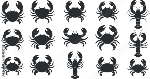 Collection of black silhouette vector illustrations featuring various crab and lobster designs for seafood-related projects