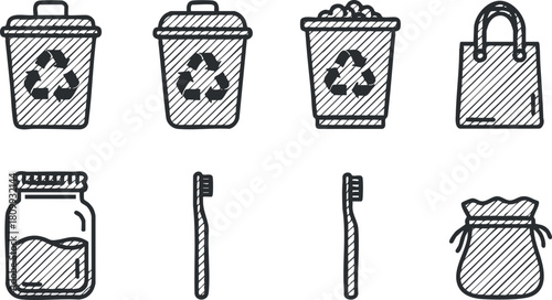 Hand-drawn vector illustration of eco-friendly containers including recycling bins, bags, and jars for sustainable design projects