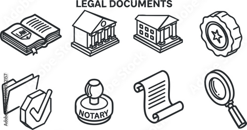 Outline vector icon set of legal documents including notary, contracts, and official seals for law and business contexts