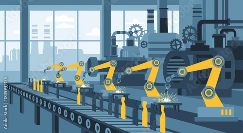 Automated Factory Floor with Robotic Arms on an Assembly Line, Illustrating Modern Manufacturing Technology and Efficient Industrial Production Processes