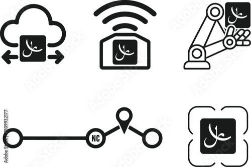 Collection of icons representing cloud computing wireless technology robotics location tracking and data security