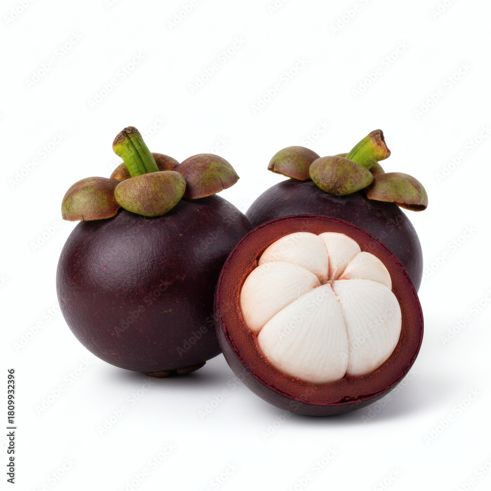Fototapeta premium Professional Studio Shot of Fresh Mangosteens on Pure White Background