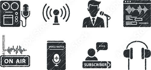 Stylish black and white vector icons representing podcasting, broadcasting, and audio recording concepts for media and design projects