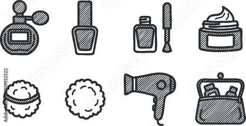 Hand-drawn vector illustration of a beauty and cosmetics set including perfume, nail polish, skincare products, and tools